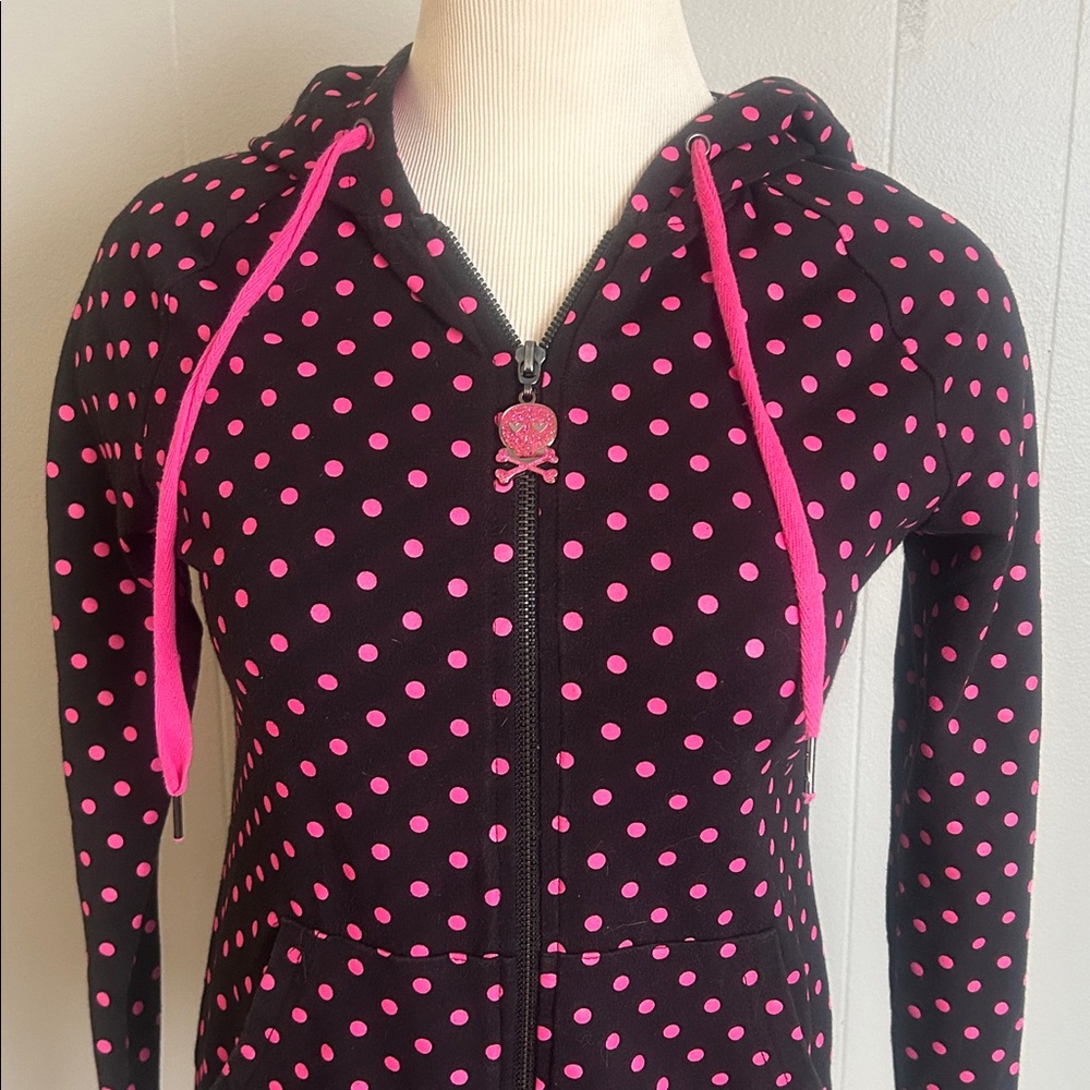 Vintage Y2K Black with pink polka dots Abbey Dawn hoodie by Avril Lavigne - Picture 2 of 8
